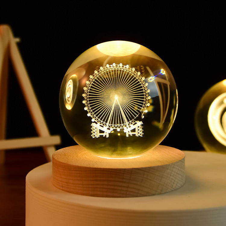 3D Crystal Ball LED Night Light with Wooden Base