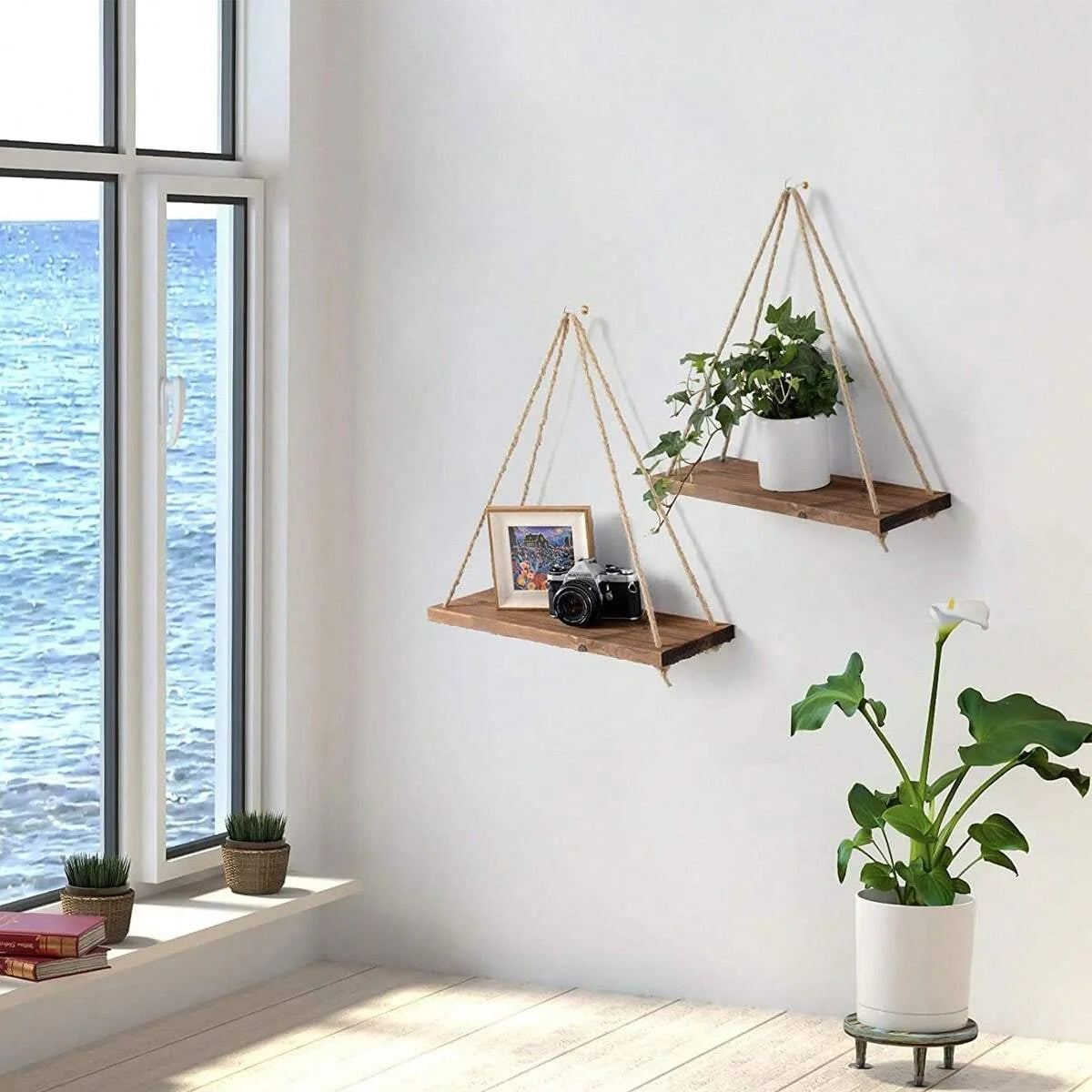 Wooden Hanging Shelf with Rope