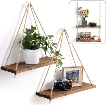 Wooden Hanging Shelf with Rope